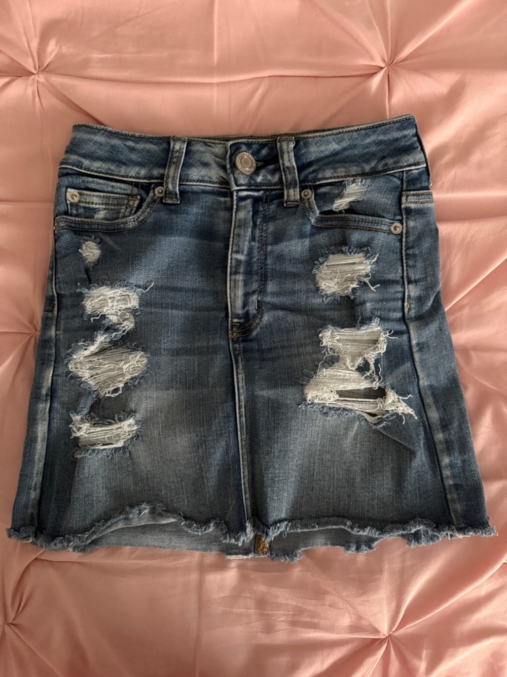 Distressed Blue Denim Mini Skirt - Unbranded